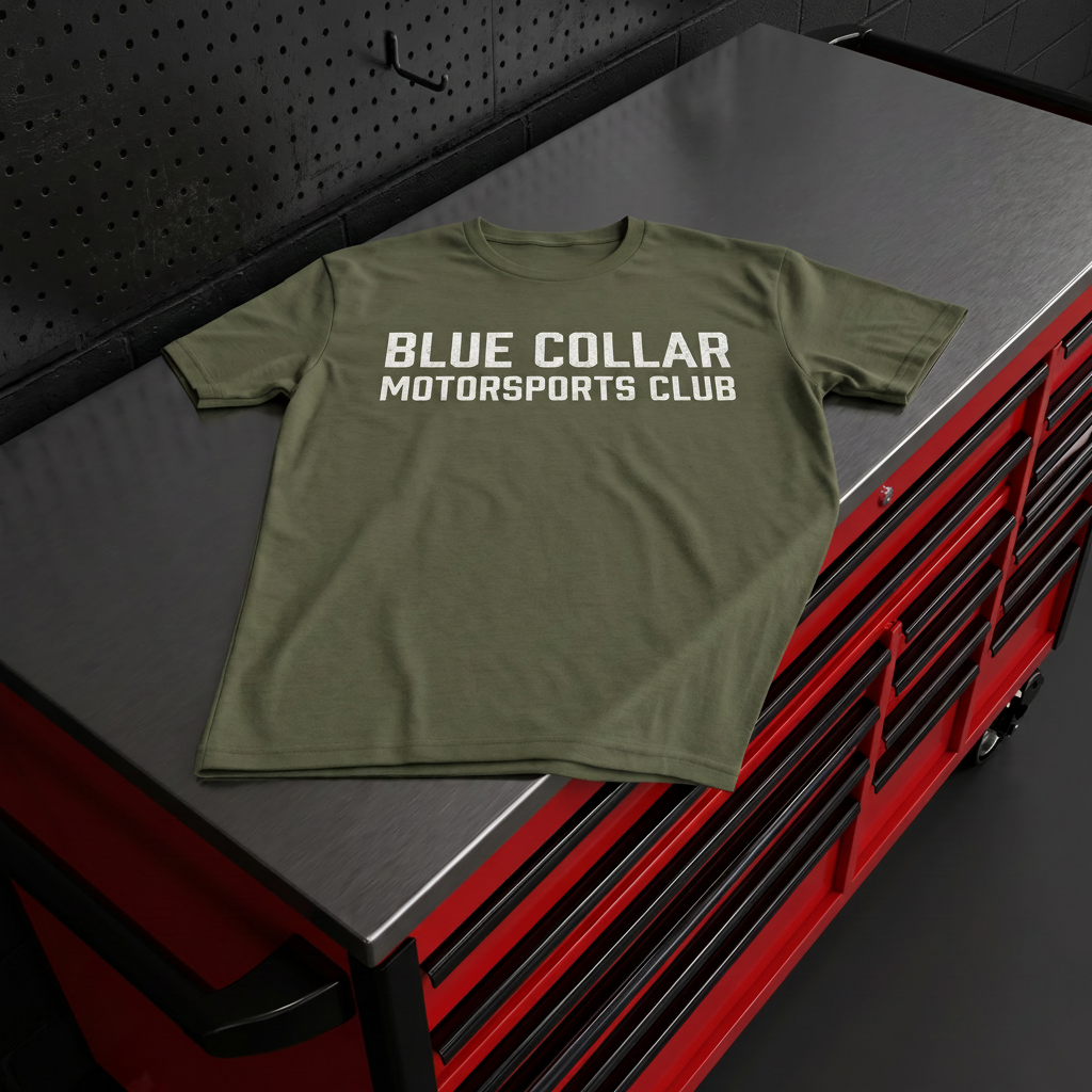 Blue Collar Motorsports Club OG Logo Tee — lifestyle shot