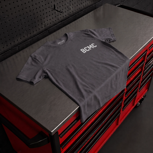 BCMC Tee โ front view, charcoal