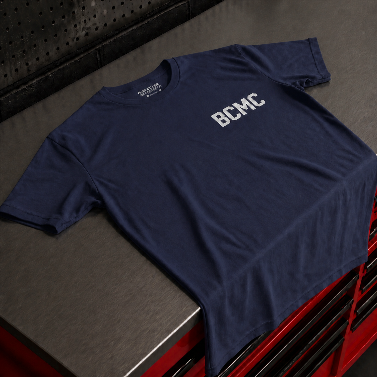 BCMC Tee โ close-up front view, navy