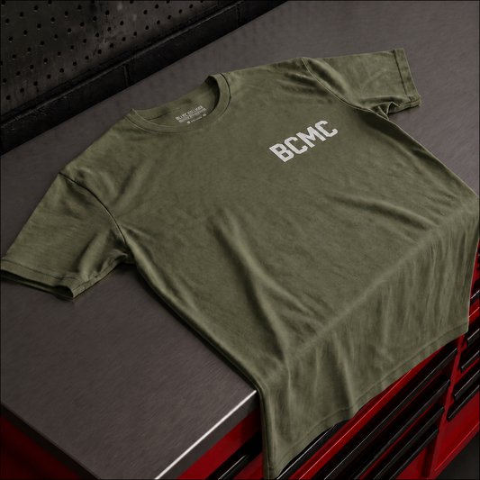 BCMC Tee — close-up front view, military green