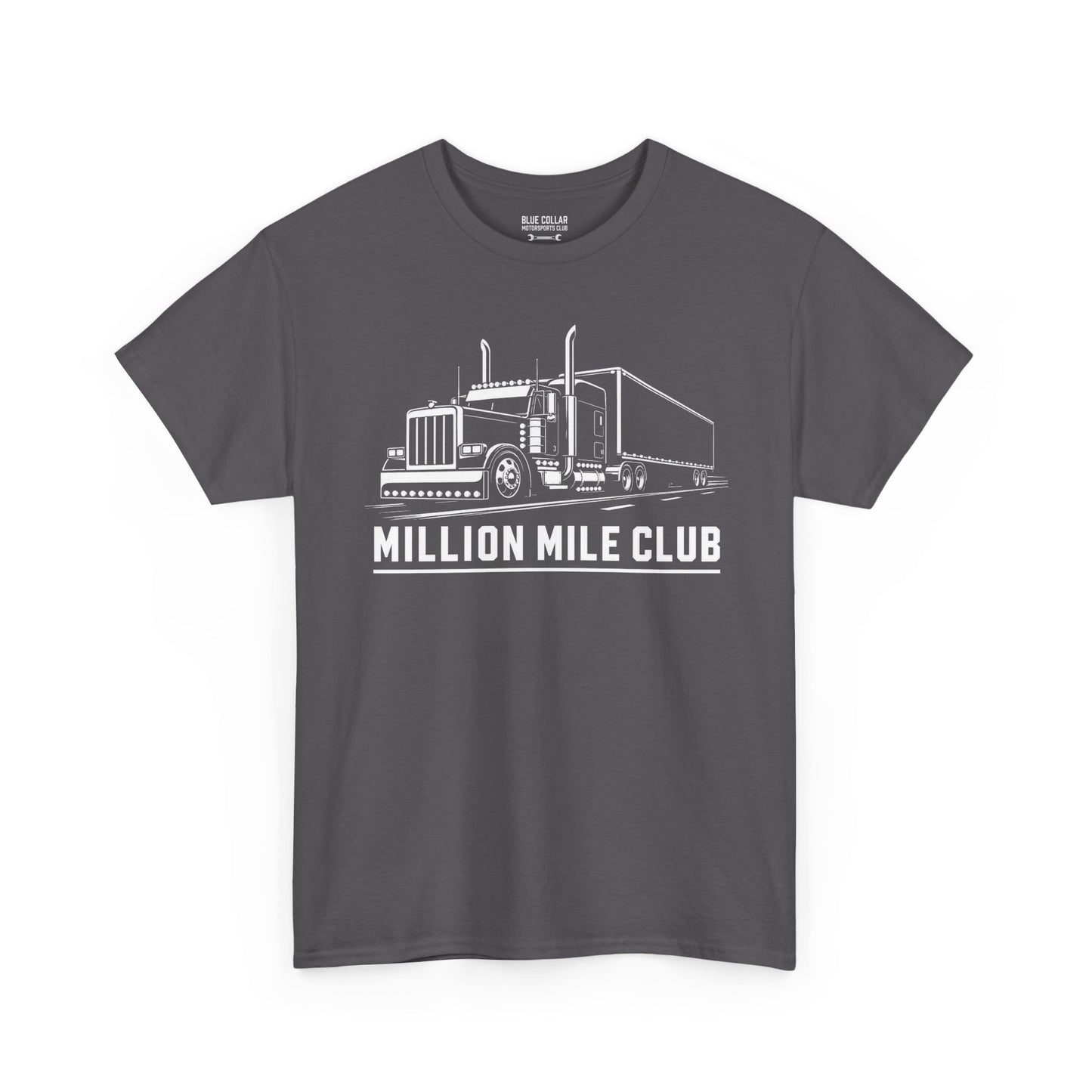 Million Mile Club Trucker Tee — semi truck line art graphic closeup