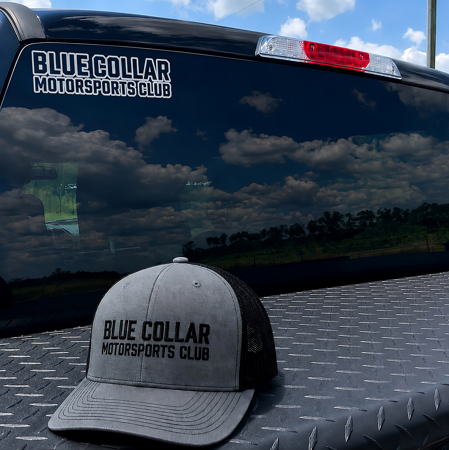 Blue Collar Motorsports Club sticker applied to hard hat