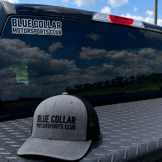 Blue Collar Motorsports Club sticker applied to hard hat
