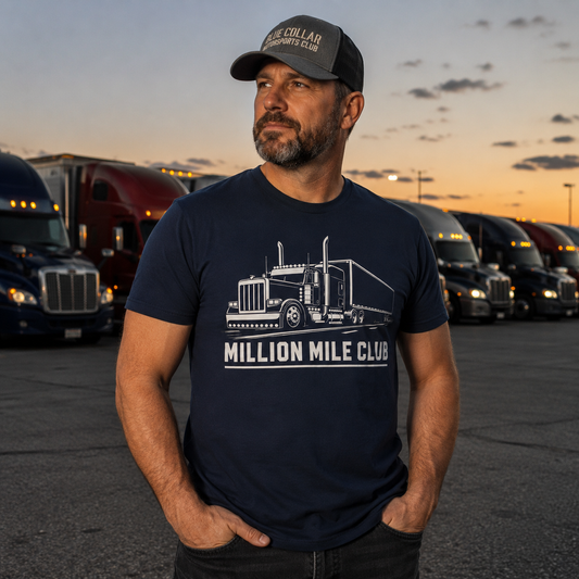 Million Mile Club Trucker Tee — front view, charcoal