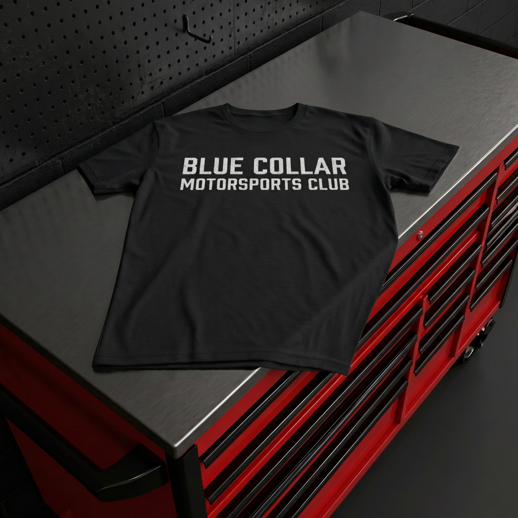 Blue Collar Motorsports Club OG Logo Tee — back view showing BCMC logo
