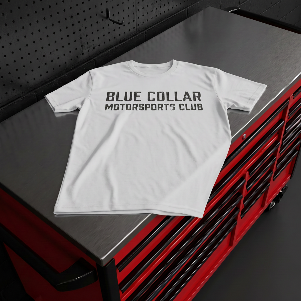Blue Collar Motorsports Club OG Logo Tee — front view, charcoal