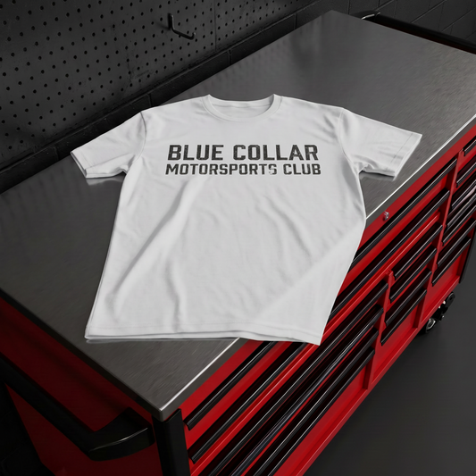 Blue Collar Motorsports Club OG Logo Tee — front view, charcoal